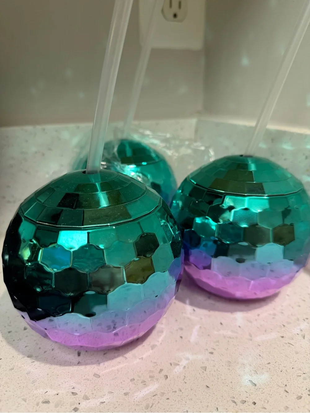 Teal to Purple Iridescent Disco Ball Tumbler with Straw - Home Party Supplies
